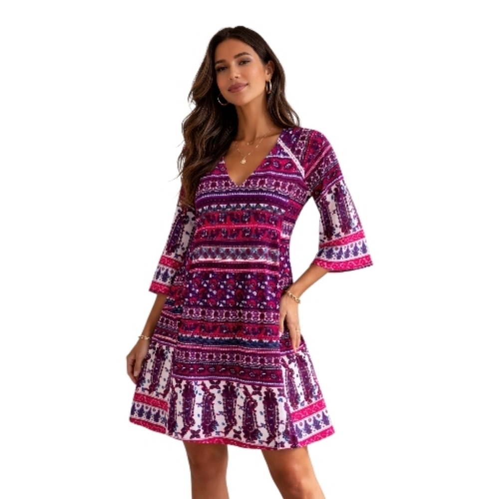 J Gee Bohemian Print Tunic Top/ Dress Size Medium Red / Purple